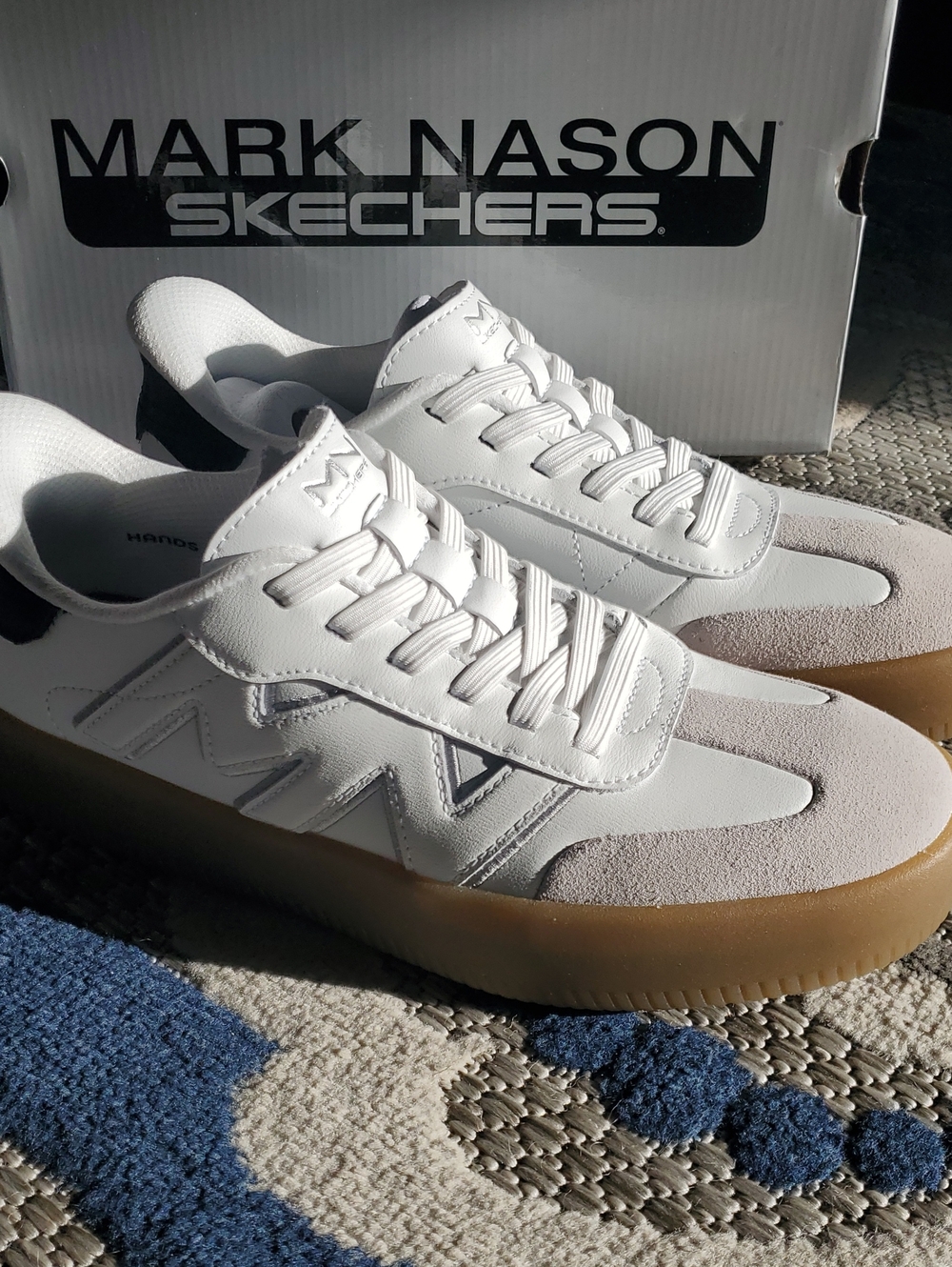 Mark Nason White Leather & Gray Suede Sneakers with Gum Sole